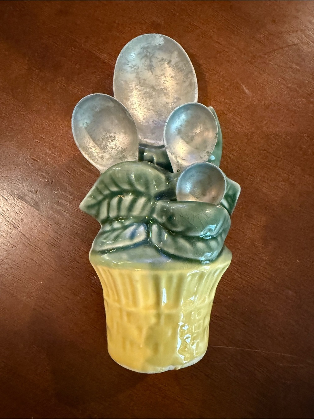 Vintage Ceramic Leaf & Basket Spoon Holder in Green and Yellow